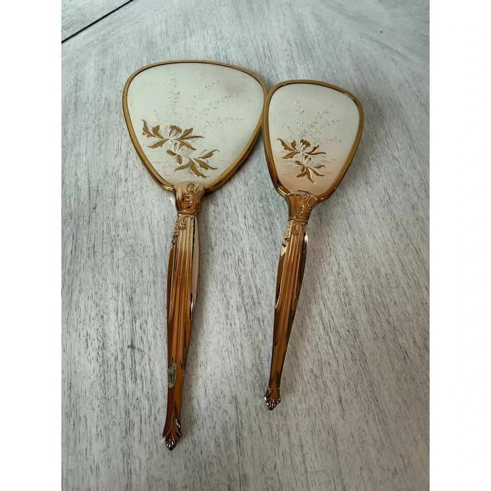 Vintage Gold Tone Hand Mirror & Brush Set Embossed Floral Fluted Handle Vanity